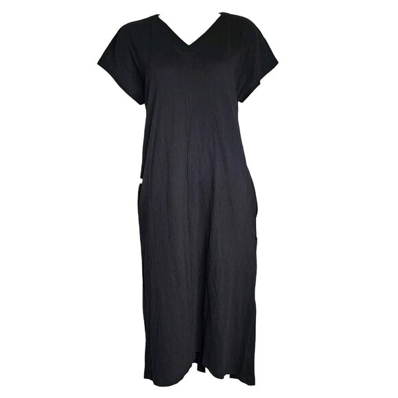 NEWPORT NEWS Solid All Black Short Sleeve Pullover V Neck Dress Womens Size 4 - Picture 1 of 6